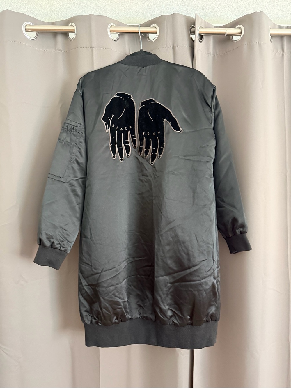 Long Bomber Jacket with Back Hand Graphic - Black